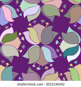 Vector seamless colorful design pattern botanical cute spring herbs and flowers in pastel tones on purple. Cute circle frame on a white background. Perfect for textiles, wrapping paper, wallpaper