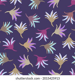 Vector seamless colorful design pattern botanical cute spring herbs and flowers in pastel tones on purple. Cute circle frame on a white background. Perfect for textiles, wrapping paper, wallpaper