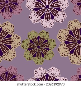 Vector de diseño sin fisuras colorido patrón botánico hierbas de primavera y flores en tonos morados oscuros. Perfecto para los textiles, el papel para envolver y el papel pintado