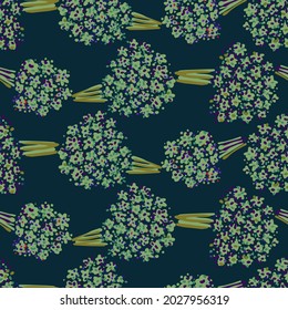 Vector seamless colorful design pattern botanical cute spring herbs and flowers in green tones on dark background. Perfect for textiles, wrapping paper, wallpaper