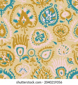 Vector seamless colorful design pattern botanical cute spring herbs and flowers in boho colorsn. Cute circle frame on a white background. Perfect for textiles, wrapping paper, wallpaper