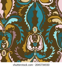 Vector seamless colorful design pattern botanical cute spring herbs and flowers in boho colorsn. Cute circle frame on a white background. Perfect for textiles, wrapping paper, wallpaper