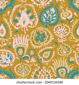 Vector seamless colorful design pattern botanical cute spring herbs and flowers in boho colorsn. Cute circle frame on a white background. Perfect for textiles, wrapping paper, wallpaper