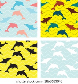 Vector seamless colorful dolphins pattern in color background. Vector art repeated pattern background for wrapper, fabric print and fashion design.