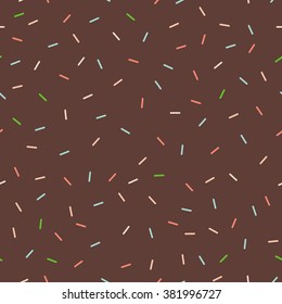 Vector seamless colorful donuts glaze pattern with sprinkle topping on a chocolate background. Abstract food bakery decoration texture