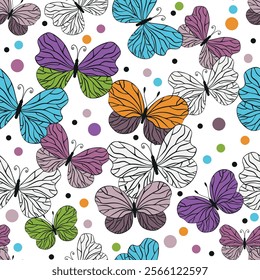 Vector seamless colorful doodle pattern with butterflies and dots design for textile and surface pattern on transparent background