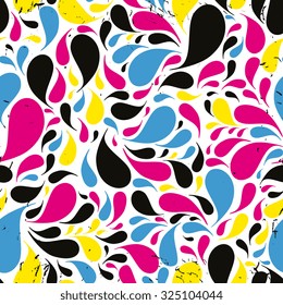 Vector seamless colorful drops pattern in cyan, magenta, yellow and black. Grunge effect is on a separate layer