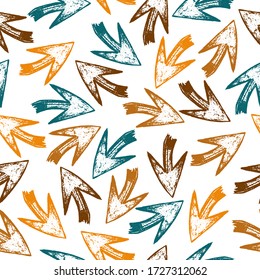 vector seamless colorful ethnic pattern with arrows aztec. Texture with tribal indian hand drawn arrows. Bright colored arrows on white background. Vector illustration. 
