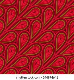 Vector seamless colorful ethnic pattern. Traditional tribal geometric ornament. Hand-drawn abstract wallpaper for website. Texture with red abstract hearts. EPS10 vector background.