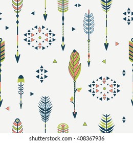 Vector seamless colorful ethnic pattern with arrows in native american style.Tribal arrows on white background.