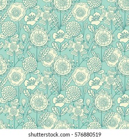 Vector seamless colorful floral background. Hand drawn doodle flowers pattern for coloring book, textile design, wallpaper, scrapbooking.