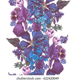 Vector seamless colorful floral border. Botanical illustration with garden flowers