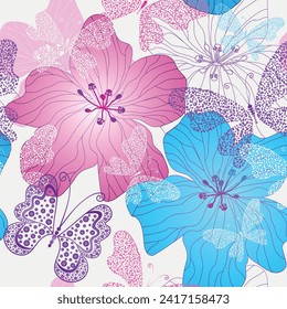 Vektornahtlose, farbige Blumenmuster mit Blumen und Schmetterlingen im Doodle-Stil auf weißem Hintergrund