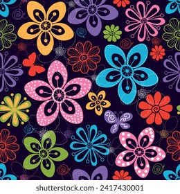 Vector seamless colorful floral pattern with flowers and butterflies in doodle style on a dark background	
