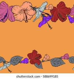 Vector seamless colorful floral pattern. Hand drawn floral texture, gray, violet and orange decorative flowers with copy space (place for your text). Vector illustration.