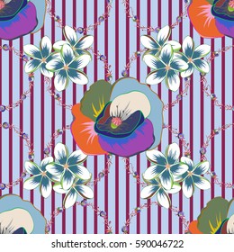 Vector seamless colorful floral pattern. Hand drawn floral texture, green and blue decorative flowers.