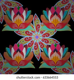 Vector seamless colorful floral pattern. Hand drawn floral texture, black decorative flowers.