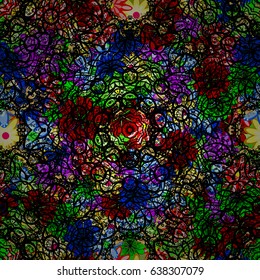 Vector seamless colorful floral pattern. Hand drawn floral texture, green decorative flowers.