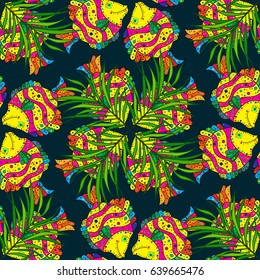Vector seamless colorful floral pattern. Hand drawn floral texture, blue decorative fishes.