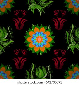 Vector seamless colorful floral pattern. Hand drawn floral texture, black decorative flowers.
