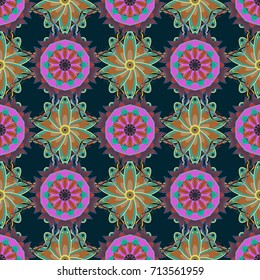Vector seamless colorful floral pattern. Hand drawn floral texture, blue, brown and purple decorative flowers.
