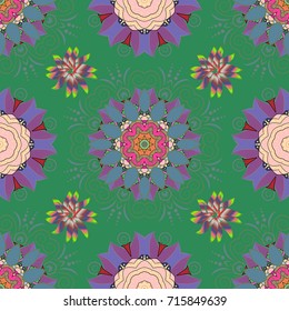Vector seamless colorful floral pattern, green, neutral and blue decorative flowers.