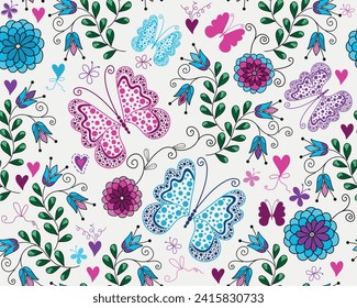 Vector seamless colorful floral valentines pattern with hearts and butterflies in doodle style on a white background