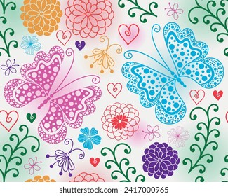 Vector seamless colorful floral valentines pattern with hearts and butterflies in doodle style on a white background with spots	
