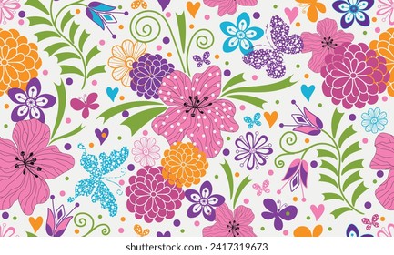 Vector seamless colorful floral valentines pattern with hearts and butterflies in doodle style on a white background 