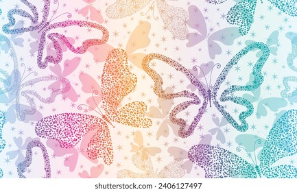 Vector seamless colorful gradient pattern with hand drawn dotty butterflies and stars on the white background	
