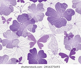 Vector sin fisuras de color traza a mano con flores violetas y mariposas puntiagudas sobre un fondo blanco	
