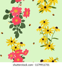 Vector seamless colorful illustration with dahlias, rudbeckia and ladybugs. For decorating textiles, packaging, web design.