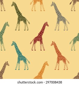 Vector seamless colorful illustrations of traveling in different directions giraffe. wallpaper