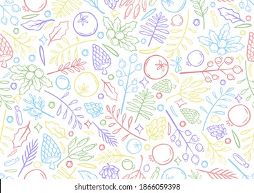 vectores de fondo de navidad de línea sin costura colorida. plantilla de tarjetas de felicitación de la ilustración de navidad con flores y pétalos de fondo blanco.