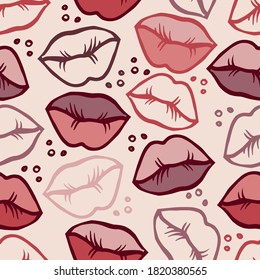 Vector seamless colorful lined abstract ornamental lips pattern design in pastel colors. The design is perfect for backgrounds, textiles, surfaces, wrapping paper, sheets