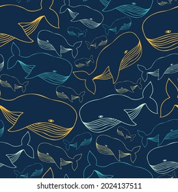 El vector es un patrón de ilustración lineal sin fisuras y colorido de ballenas de dibujos animados decorativos en azul oscuro. El diseño es perfecto para pegatinas, insignias, colorantes, ilustraciones, logotipos, iconos, decoraciones