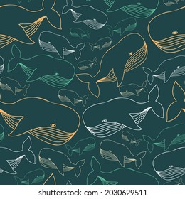Vector seamless colorful lined illustration pattern of decorative cartoon whales on dark green. The design is perfect for stickers, badges, coloring, illustrations, logos, icons, decorations
