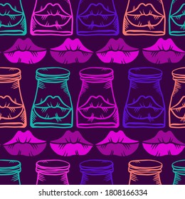 Vector seamless colorful neon abstract pattern of ornamental lips in test tube