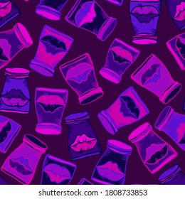 Vector seamless colorful neon abstract pattern of ornamental lips in test tube