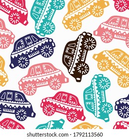 Vector seamless colorful non directional pattern of ornamental cars on white