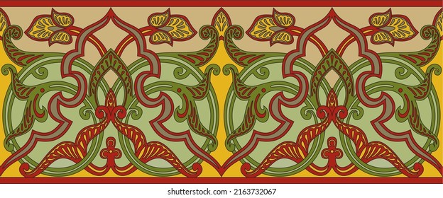 Vector Seamless Colorful Oriental Ornament. Endless Arabic Patterned Border, Frame. Persian Painting.