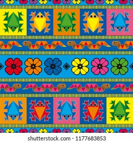 Vector seamless colorful pattern with abstract snakes, frogs and flowers