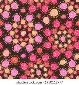 Vector seamless colorful pattern with abstract flower circles in pink on dark background. The design is perfect for wallpapers, backgrounds, fashion, clothes, advertisement, decorations, stickers