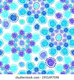 Vector seamless colorful pattern with abstract flower circles in blue tones on white. The design is perfect for wallpapers, backgrounds, fashion, clothes, advertisement, decorations, stickers