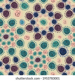 Vector seamless colorful pattern with abstract flower circles in dark tones on pastel background. Design is perfect for wallpapers, backgrounds, fashion, clothes, advertisement, decorations, stickers