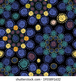 Vector seamless colorful pattern with abstract flower circles in dark tones. The design is perfect for wallpapers, backgrounds, fashion, clothes, advertisement, decorations, stickers