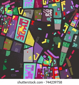 Vector seamless colorful pattern of abstract city map on black background. 