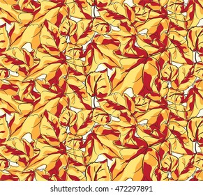 Vector seamless colorful pattern with autumn tree leaves on green background. Collection  red yellow  leaves.
