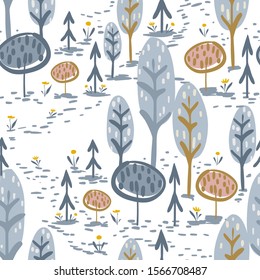vector seamless colorful pattern. Backdrop image with cute doodle-style nature parts: trees, grass, and flowers