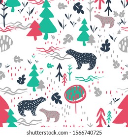 vector seamless colorful pattern. Backdrop image with cute doodle-style trees, flowers, and bear's silhouette